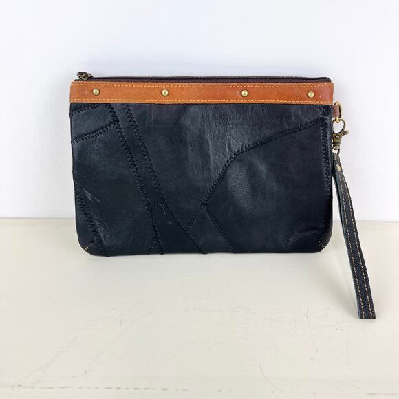 Vaan & Co Small Black  Brown Pieced Leather Wristlet Bag - Picture 1 of 6